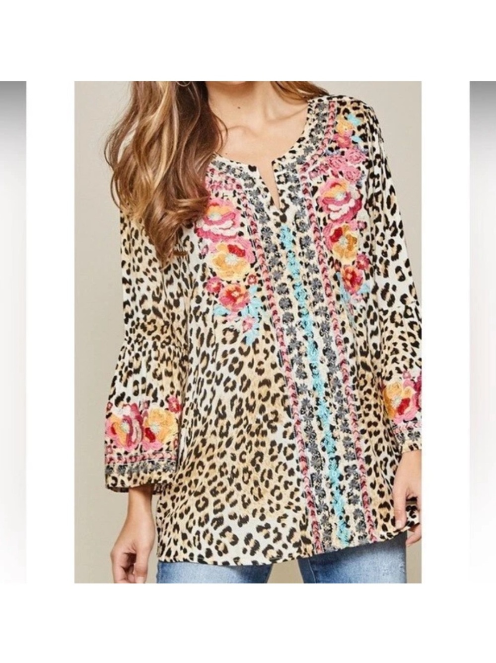 Savanna Jane Leopard Print Tunic with Pink Floral Embroidery Size L